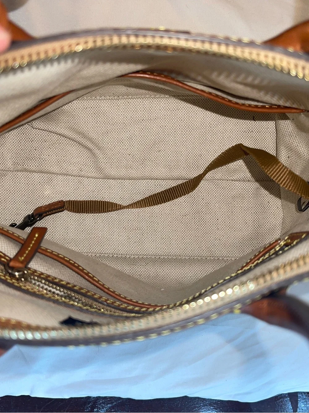 Dooney & Bourke Caramel Pebble Grain Satchel with Gold Hardware